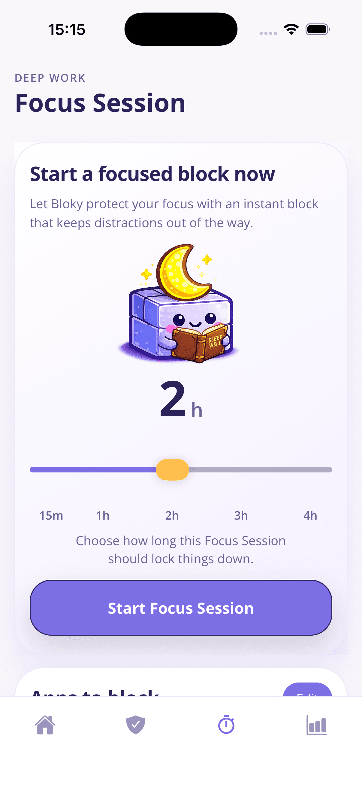 Bloky focus session screen with a duration slider from 15 minutes to 4 hours