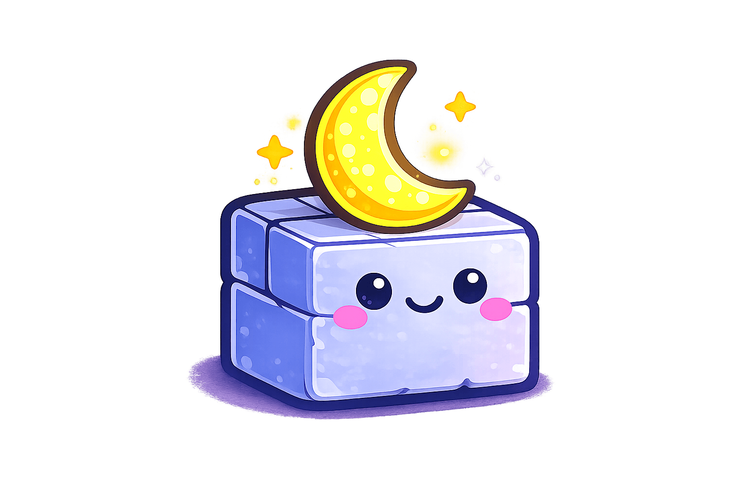 Bloky mascot — a friendly block character with a crescent moon